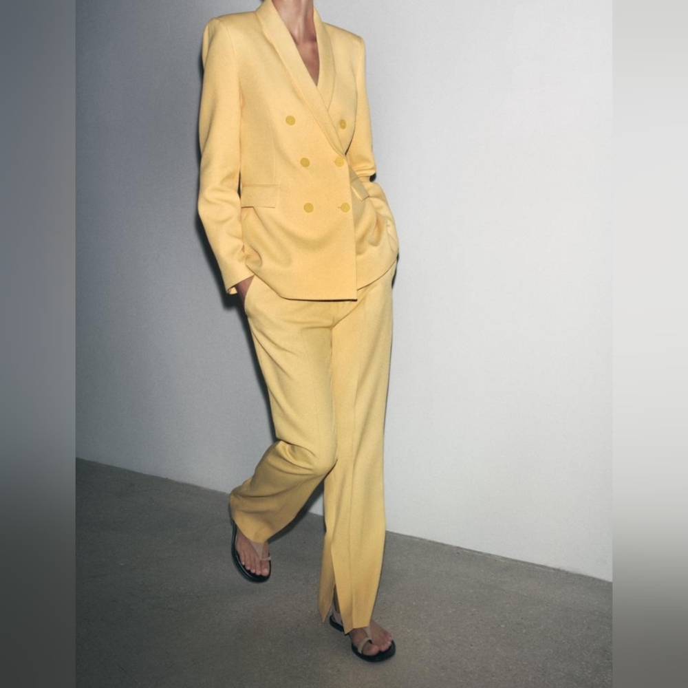 Zara Set Straight Fit Shawl Collar Blazer + Flare Pants Side Vent Pastel Yellow